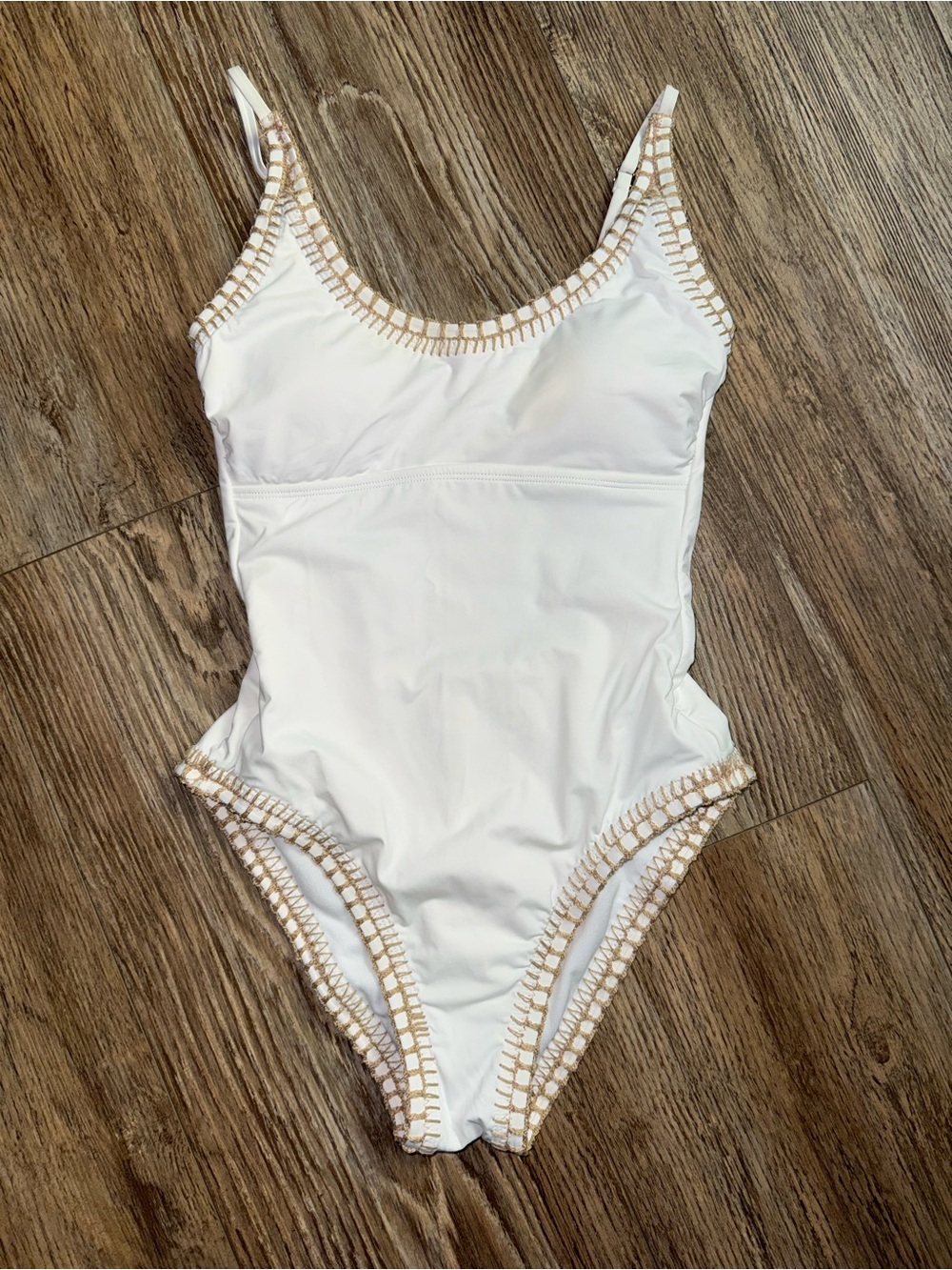 Gianni Bini White One-Piece Swimsuit with Tan Crochet Trim